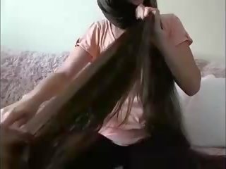 Fascinating long haired brunette hairplay hair brush udan hair